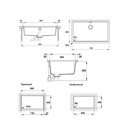 kích thước của Chậu rửa bát đá Hafele HS20-GEN1S80 570.30.300