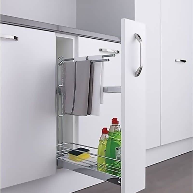 Ảnh thực tế bộ rổ kéo có thanh treo khăn cho tủ bếp dưới Hafele 545.61.063 Ảnh thực tế bộ rổ kéo có thanh treo khăn cho tủ bếp dưới Hafele 545.61.063