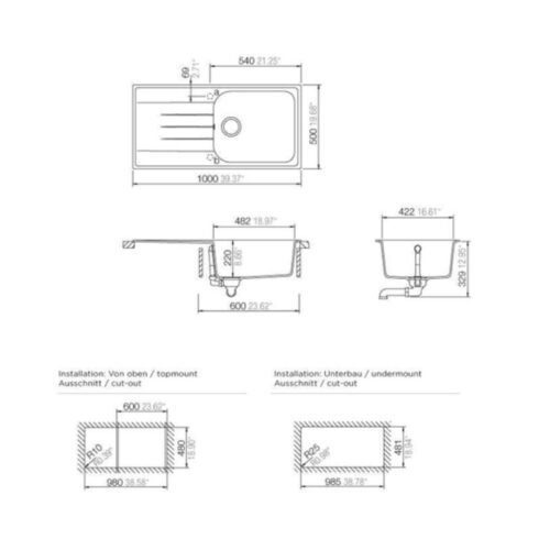 thông số kỹ thuật của Chậu đá Hafele Julius HS-GSD10050 570.36.450