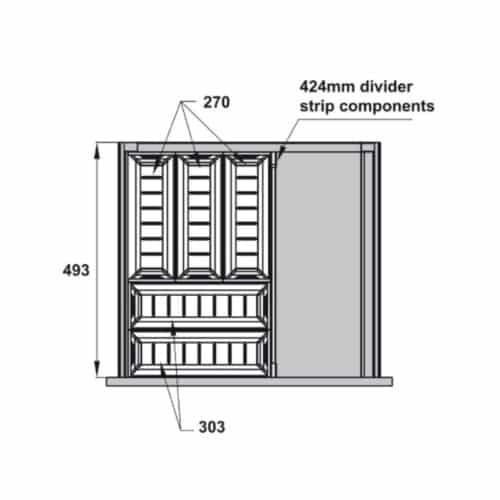 Kích thước bộ khay chia ngăn kéo bằng inox Hafele 552.52.891
