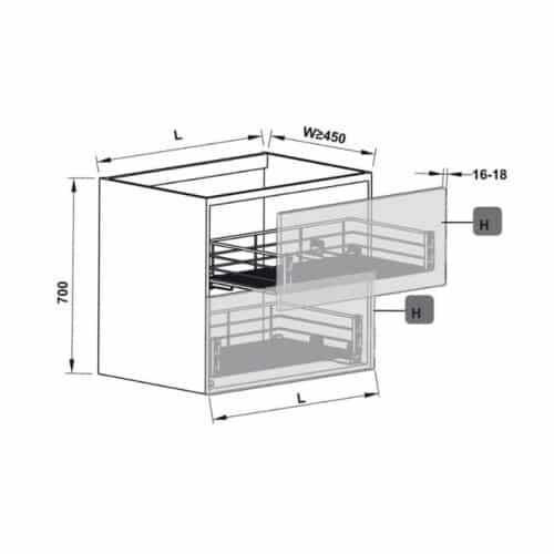Kích thước bộ rổ kéo gắn với cánh Hafele 549.03.142 cho tủ rộng 450mm