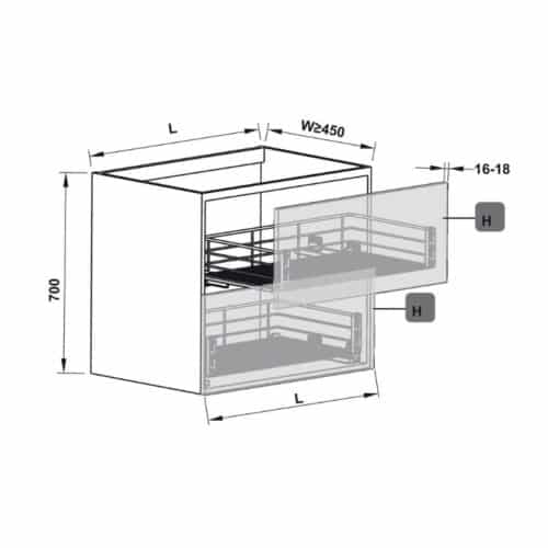 Bộ rổ kéo gắn với cánh Hafele 549.03.144 cho tủ rộng 600mm 3 Kích thước bộ rổ kéo gắn với cánh Hafele 549.03.144 cho tủ rộng 600mm