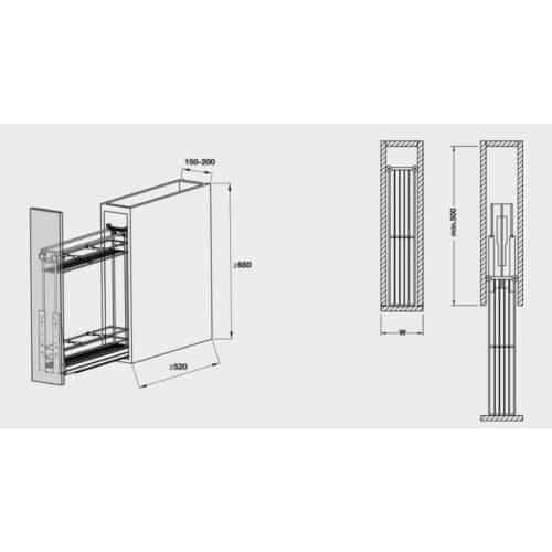 Kích thước bộ rổ kéo Hafele 549.34.022 cho tủ hẹp 150mm