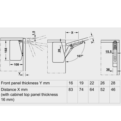Kích thước bộ tay nâng FREE FLAP 1.7 Hafele 493.05.820 nắp trắng