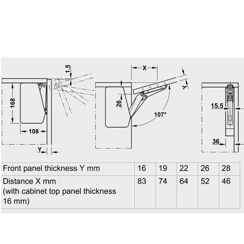 Kích thước bộ tay nâng FREE FLAP 1.7 Hafele 493.05.831 nắp xám Kích thước bộ tay nâng FREE FLAP 1.7 Hafele 493.05.831 nắp xám