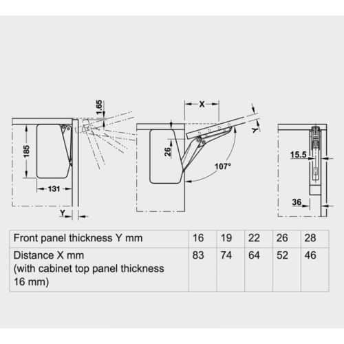 Bộ tay nâng FREE FLAP 3.15 Hafele 493.05.852 nắp trắng 10 Kích thước bộ tay nâng FREE FLAP 3.15 Hafele 493.05.852 nắp trắng