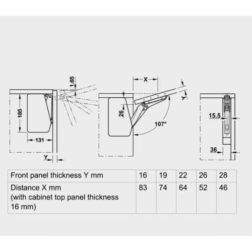 Kích thước bộ tay nâng FREE FLAP 3.15 Hafele 493.05.863 nắp xám