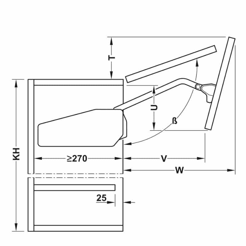 Kích thước bộ tay nâng FREE FOLD SHORT Hafele 493.05.737, xám Kích thước bộ tay nâng FREE FOLD SHORT Hafele 493.05.737, xám
