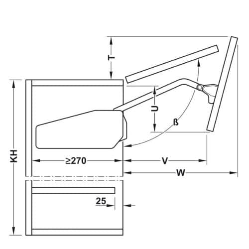 Kích thước bộ tay nâng FREE FOLD SHORT Hafele 493.05.739, xám