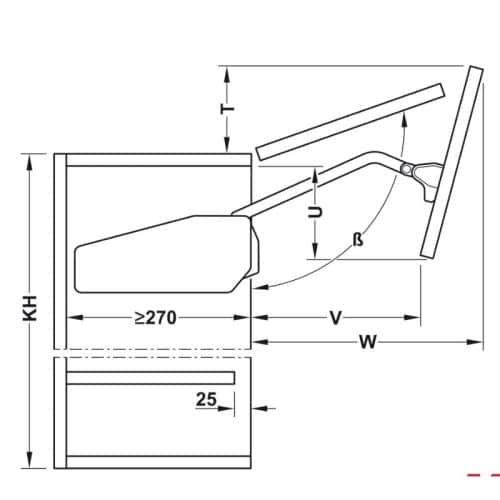 Kích thước bộ tay nâng FREE FOLD SHORT Hafele 493.05.741, xám