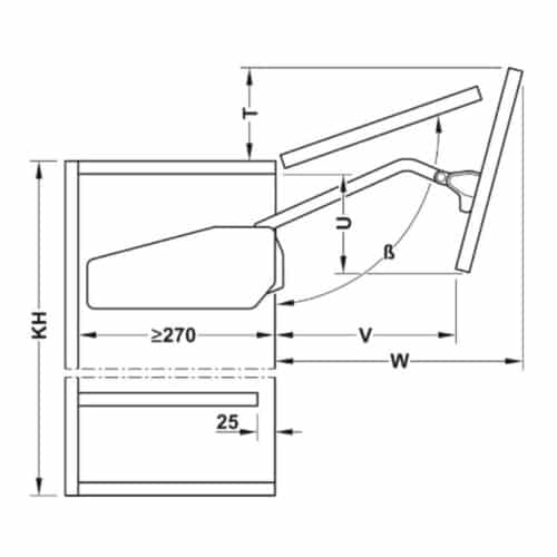 Bộ tay nâng FREE FOLD SHORT Hafele 493.05.890, trắng 4 Kích thước bộ tay nâng Free fold short Hafele 493.05.890