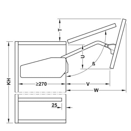Kích thước bộ tay nâng FREE FOLD SHORT Hafele 493.05.900, trắng
