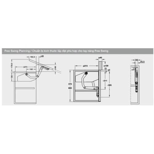 Bộ tay nâng FREE SWING Hafele 493.05.760, trắng 5 Kích thước bộ tay nâng FREE SWING Hafele 493.05.760, trắng