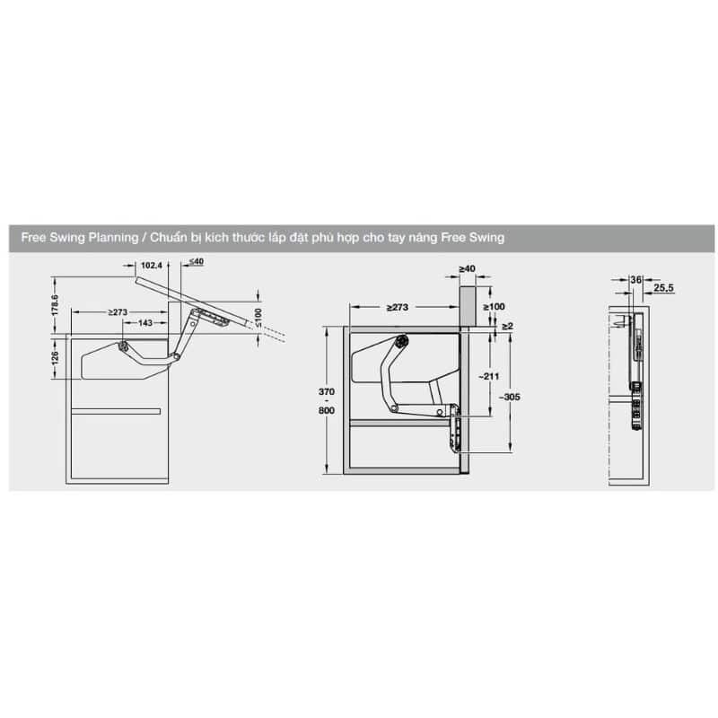 Kích thước bộ tay nâng FREE SWING Hafele 493.05.760, trắng Kích thước bộ tay nâng FREE SWING Hafele 493.05.760, trắng