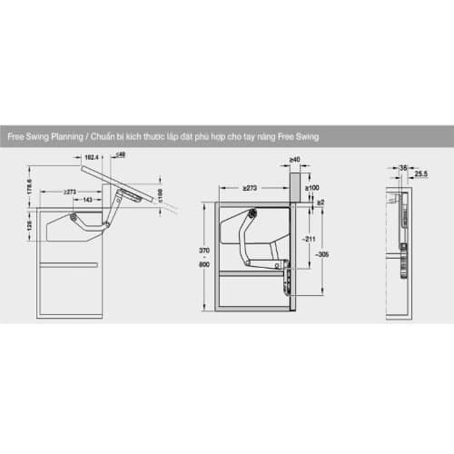 Bộ tay nâng FREE SWING Hafele 493.05.772, đen 5 Kích thước bộ tay nâng FREE SWING Hafele 493.05.772, đen