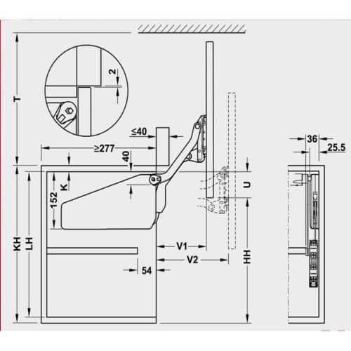 Bộ tay nâng FREE UP Hafele 493.05.792 nắp trắng 6 Kích thước bộ tay nâng FREE UP Hafele 493.05.792 nắp trắng