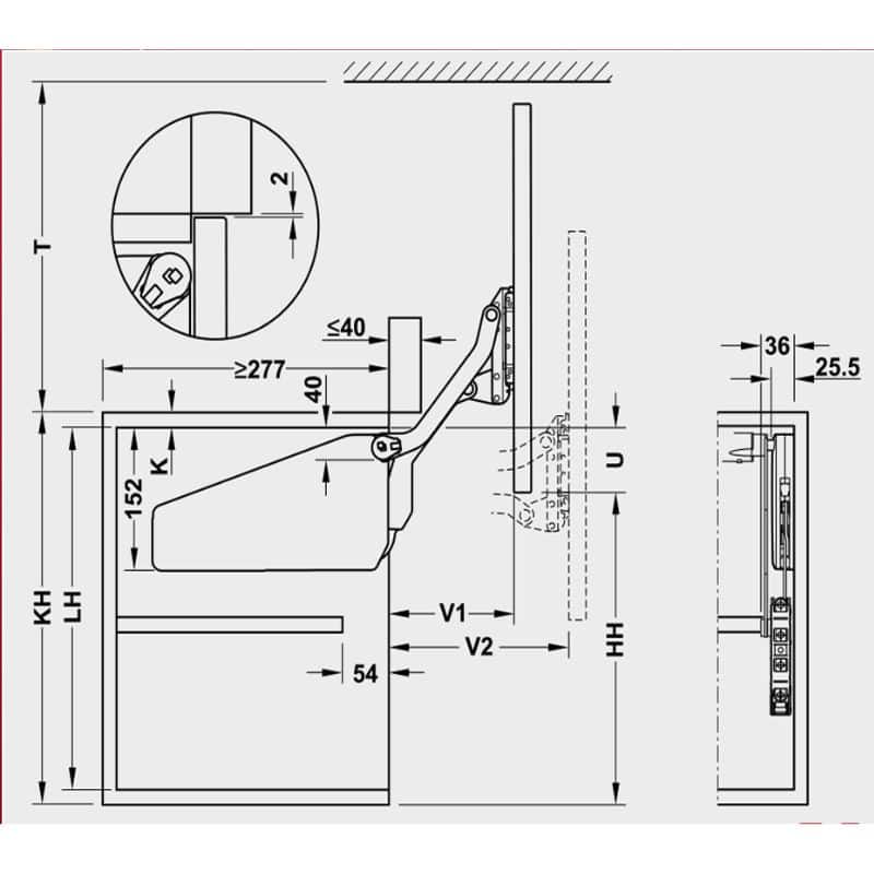 Kích thước bộ tay nâng FREE UP Hafele 493.05.792 nắp trắng Kích thước bộ tay nâng FREE UP Hafele 493.05.792 nắp trắng