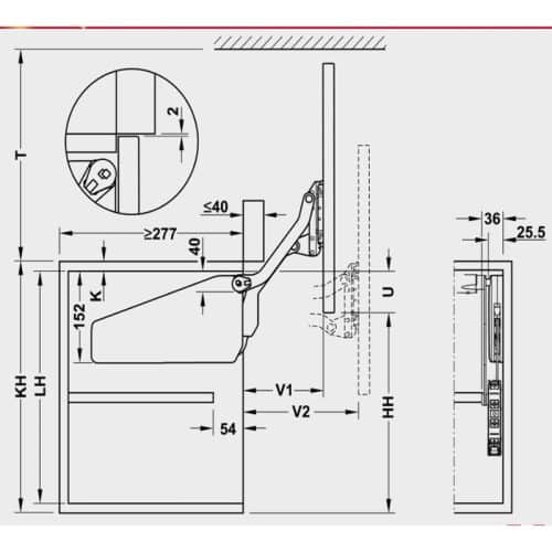 Bộ tay nâng FREE UP Hafele 493.05.801 nắp xám 4 Kích thước bộ tay nâng FREE UP Hafele 493.05.801 nắp xám