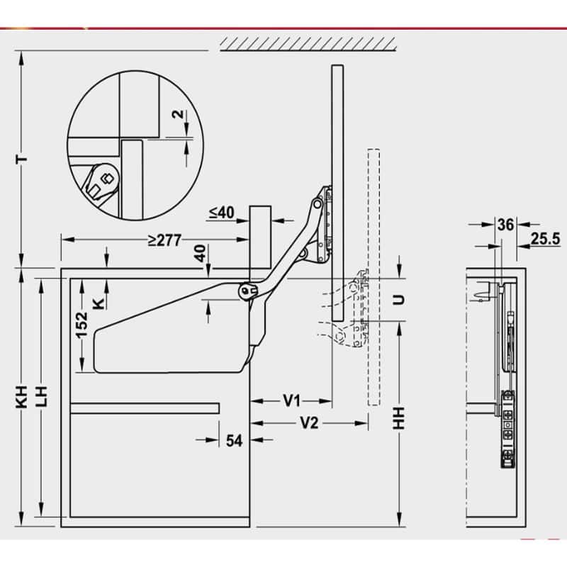 Kích thước bộ tay nâng FREE UP Hafele 493.05.801 nắp xám Kích thước bộ tay nâng FREE UP Hafele 493.05.801 nắp xám