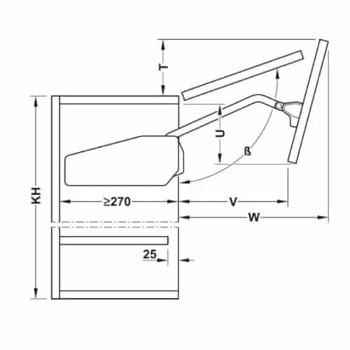 Kích thước của bộ tay nâng Hafele 493.05.731