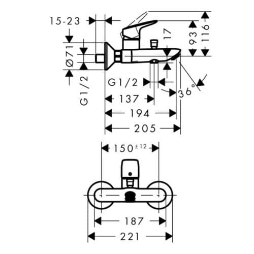 Kích thước bộ trộn sen tắm Logis Hansgrohe 589.52.403
