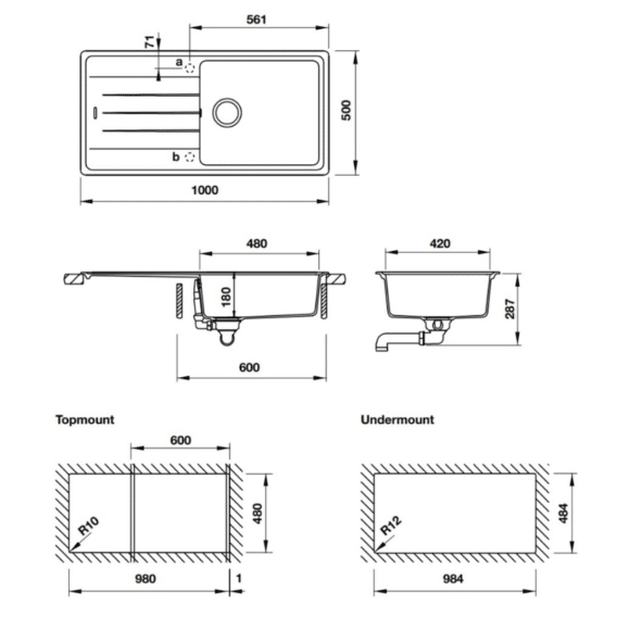 Kích thước chậu rửa bát đá 1 hố Hafele HS20-GED1S60 570.32.330 màu đen