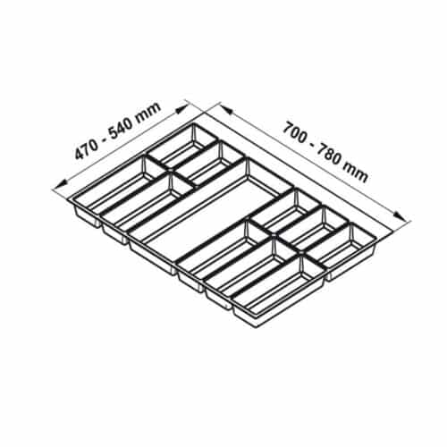 Kích thước khay chia đa năng đựng dao kéo thìa nĩa Hafele 556.52.248