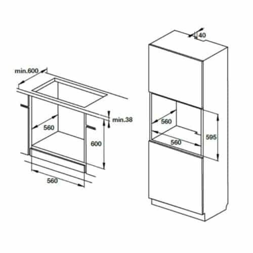 Kích thước lò nướng âm tủ Hafele HO-T60D 534.05.561