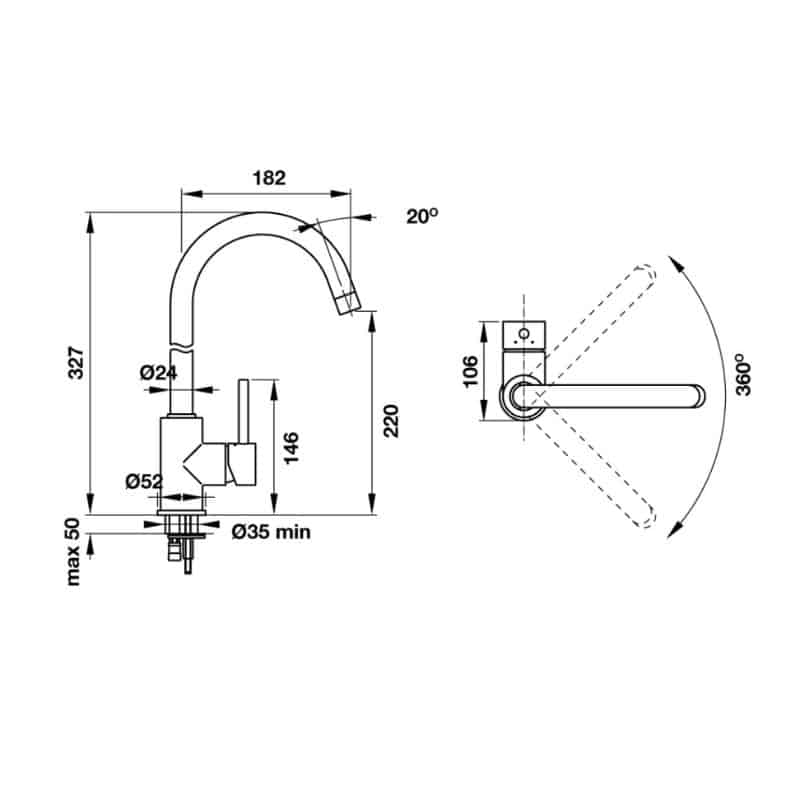 Kích thước Vòi rửa bát Hafele Blancomida Jasmine 569.07.600 Vòi rửa bát Hafele Blancomida Jasmine 569.07.600