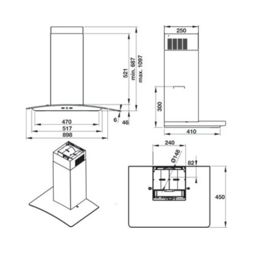 Kích thước Máy hút khử mùi kính cong Hafele HH WG90B 539.81.185