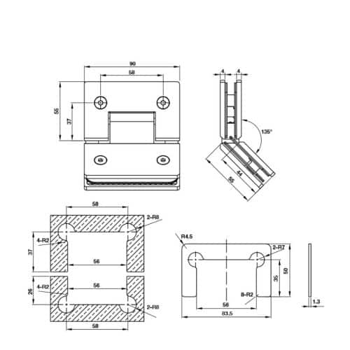 Kích thước bản lề kính 135 độ Bauma 981.77.949