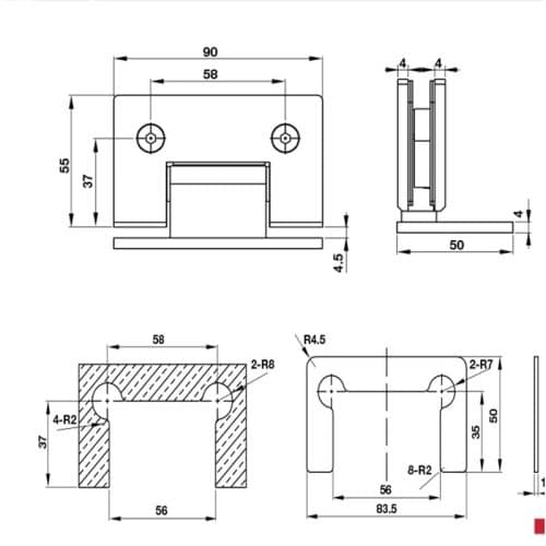 Kích thước bản lề kính tường 90 độ Bauma 981.77.953