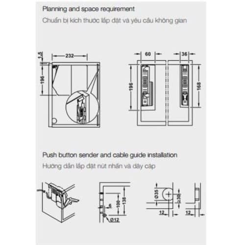 Kích thước bộ tay nâng FREE FLAP 1.7E Hafele 372.29.701 nắp xám