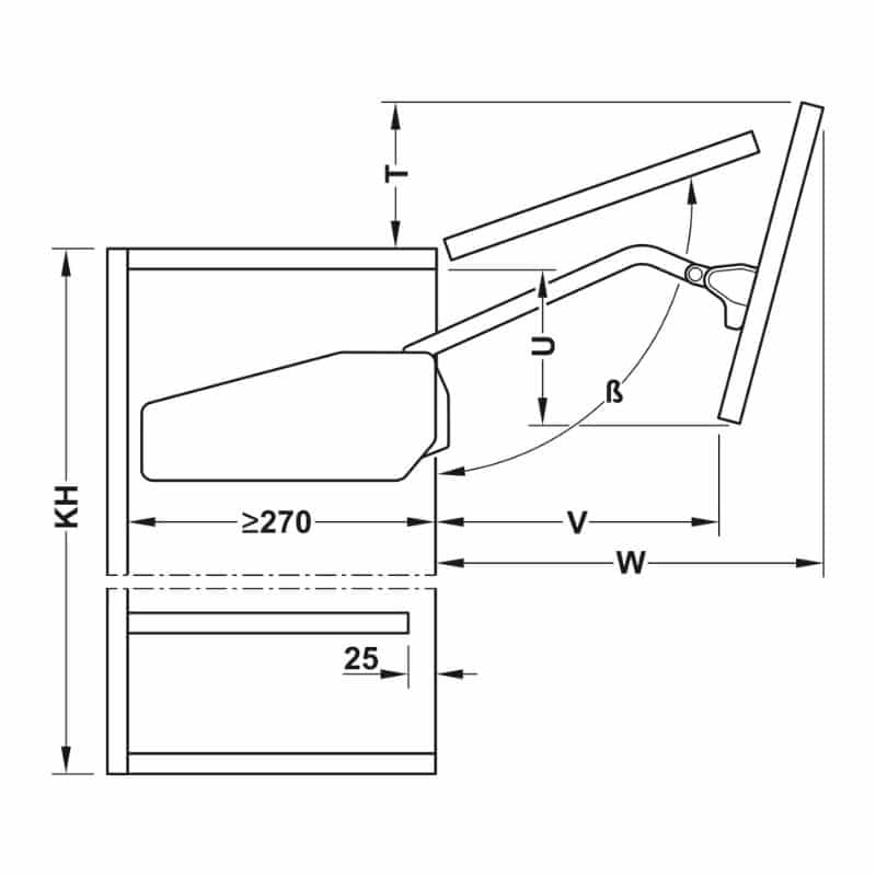 Kích thước bộ tay nâng FREE FOLD SHORT Hafele 493.05.897, trắng Kích thước bộ tay nâng FREE FOLD SHORT Hafele 493.05.897, trắng