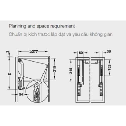 Kích thước bộ tay nâng FREE UP E Hafele 372.29.708 nắp trắng