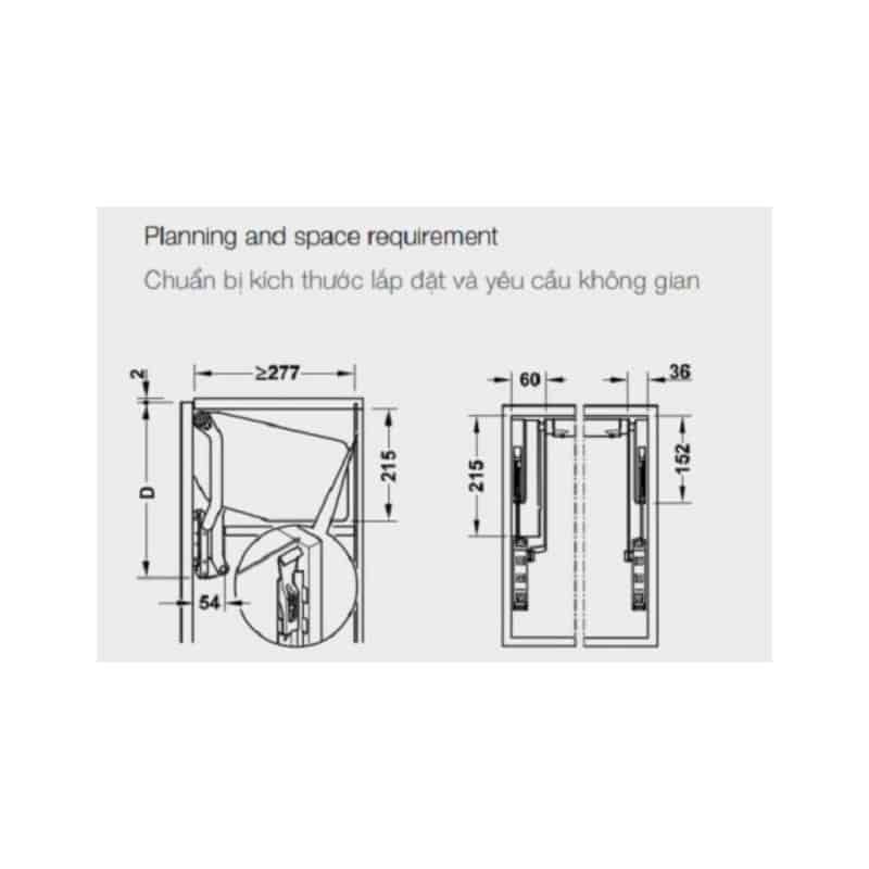 Kích thước bộ tay nâng FREE UP E Hafele 372.29.712 nắp xám Kích thước bộ tay nâng FREE UP E Hafele 372.29.712 nắp xám