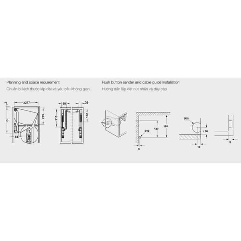 Kích thước bộ tay nâng FREE UP E Hafele 372.29.713 nắp xám Kích thước bộ tay nâng FREE UP E Hafele 372.29.713 nắp xám