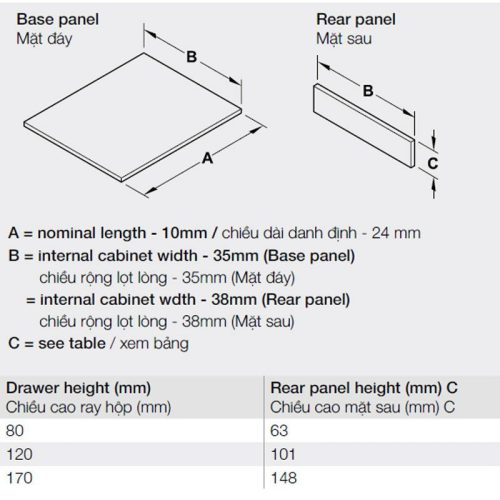 Ray hộp Hafele 552.35.355 Alto S PTO xám đậm H170/500mm 8 Kích thước ray hộp Hafele 552.35.355 Alto S PTO xám đậm H170/500mm