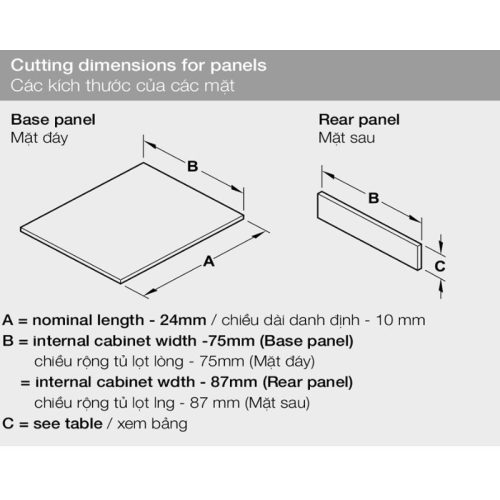 Kích thước ray hộp Hafele 552.79.785 Alto B199 500mm trắng, nắp kim loại