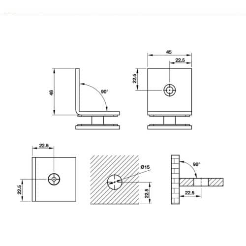 Kích thước kẹp kính tường 90 độ Bauma 981.77.955