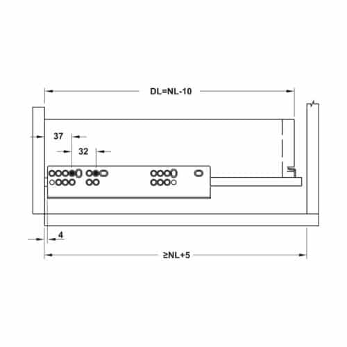 Kích thước ray âm nhấn mở EPC EVO mở toàn phần 350mm Hafele 433.32.172
