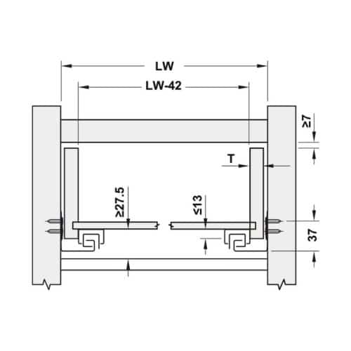 Kích thước ray âm nhấn mở EPC EVO mở toàn phần 350mm Hafele 433.32.172
