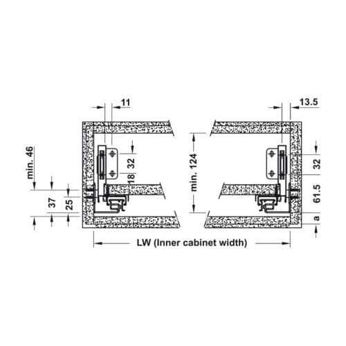 Kích thước ray hộp Alto-S chiều cao 80mm với thanh vuông Hafele 552.55.723