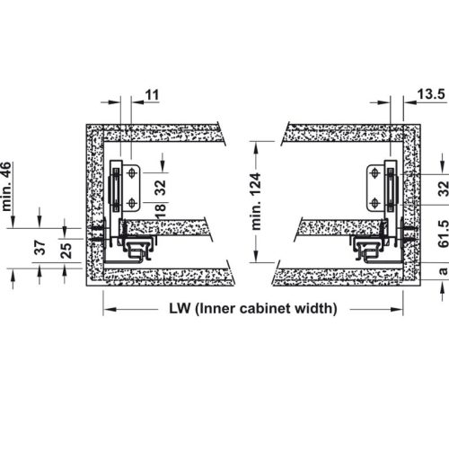 Kích thước ray hộp Hafele 552.35.365