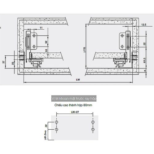 Kích thước ray hộp Hafele 552.55.716 Alto-S H80 mm màu trắng mờ
