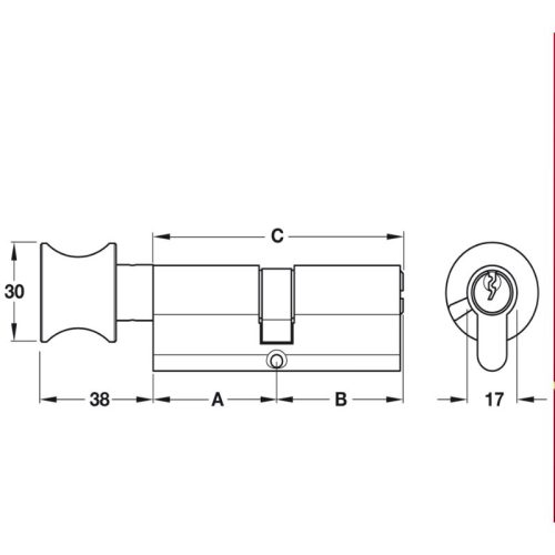 Kích thước ruột khóa 1 đầu chìa, 1 đầu vặn Hafele 916.96.305, 60mm Đồng thau