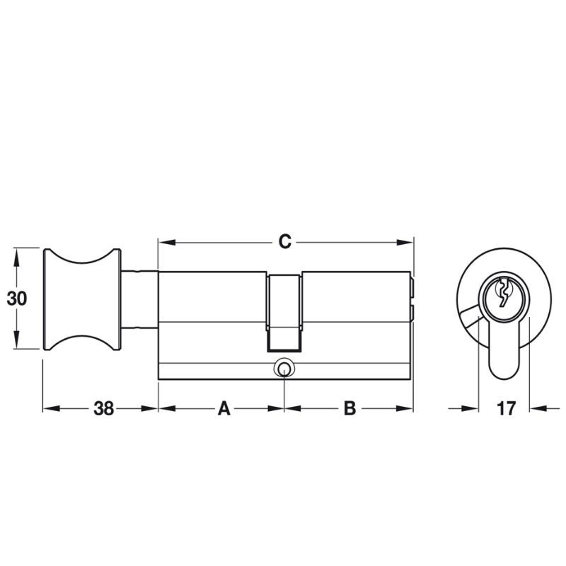 Kích thước ruột khóa 1 đầu chìa, 1 đầu vặn Hafele 916.96.313, 65mm Đồng thau Kích thước ruột khóa 1 đầu chìa, 1 đầu vặn Hafele 916.96.313, 65mm Đồng thau