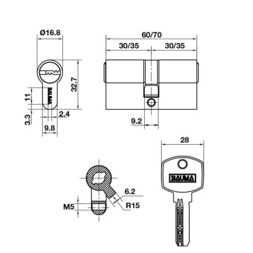 Kích thước ruột khóa 2 đầu chìa Hafele Bauma 916.87.824