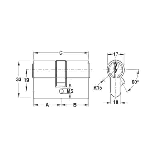 Kích thước Ruột khóa 2 đầu Hafele 916.00.007, 63mm Đồng thau