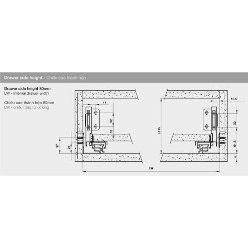 Lắp đặt ray hộp Hafele 552.55.706 Alto-S H80 mm màu trắng mờ